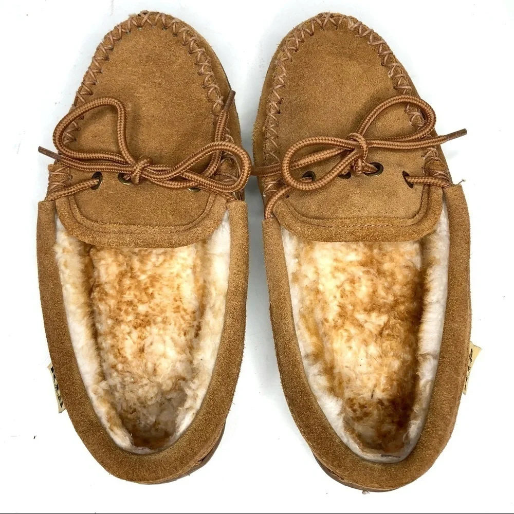 RJ’s fuzzies sheepskin grandpa loafer slippers brown leather fleece lined 5